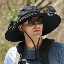Wide Eave Solar Fan Outdoor Fishing Hat 2 Solar Fan Men's Hats With Built-In Solar Fan Fishing Hat Men's Fan Hat, Thermal Sensitive Worker, Lightweight Headwear, Adjustable Hat, Reinforced Stitching, High-Quality Textile, Cooling Head Cover, Essential Travel And Outdoor Partner - Black - View 1
