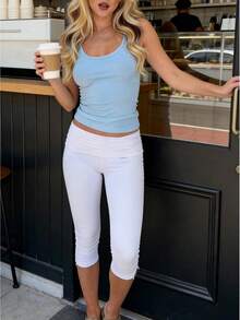 Women Fold Over Capri Pants Low Rise Knee Length Stretch Yoga Leggings Y2k Going Out Crop Pant Streewear - White - View 1