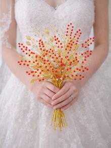 1pc Gold Metal Leaf & Red Beaded Handmade Bridal Bouquet, Wedding Flower Arrangement - Red - View 2