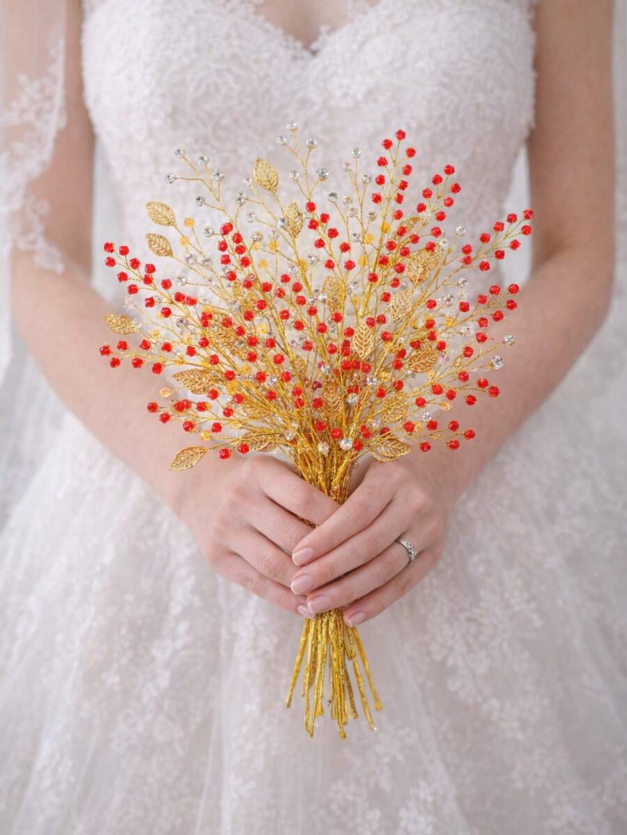 1pc Gold Metal Leaf & Red Beaded Handmade Bridal Bouquet, Wedding Flower Arrangement