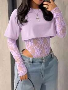 Body entero de encaje transparente para mujer, manga larga tul estampado floral, estilo sensual elegante, ideal para uso diario, citas, fiestas y espectáculos primavera verano - Púrpura malva - Ver 12