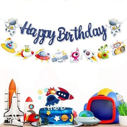 1 Set Astronaut Theme Happy Birthday Banner, With Thoughtful Gift Of Needles And Threads, Suitable For Astronaut Themed Birthday Party Wall Decor. This Banner Is Perfect For Astronaut Style Celebrations, Both As A Delightful Birthday Gift And Holiday Decoration For Home Wall Or Room Decor.