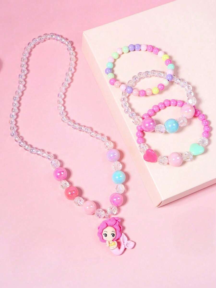 4pcs Colorful Beaded Necklace With Mermaid Pendant, Bracelet Set, Suitable As Birthday Or Holiday Gift - one-size - View 1