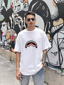 Camiseta branca de manga curta, modelo Shark Mouth Line 2026, estilo gótico minimalista, streetwear vintage Y2K, oversized e folgada. Tamanhos P a 3XG. Ideal para aniversários, Dia das Mães e Dia dos Pais. Disponível localmente. - Branco - Ver 3