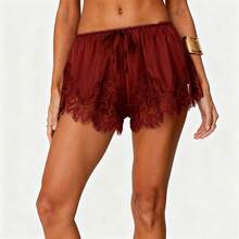 Boho Women's Lace Trim Satin Silk Shorts Shiny Elastic Waist Mini Shorts Pettipants Half Slip Shorts French Knickers Boyshorts For Dresses Full Coverage Underwear Lounge Pants - FJ305-勃根地紅 - 查看 6