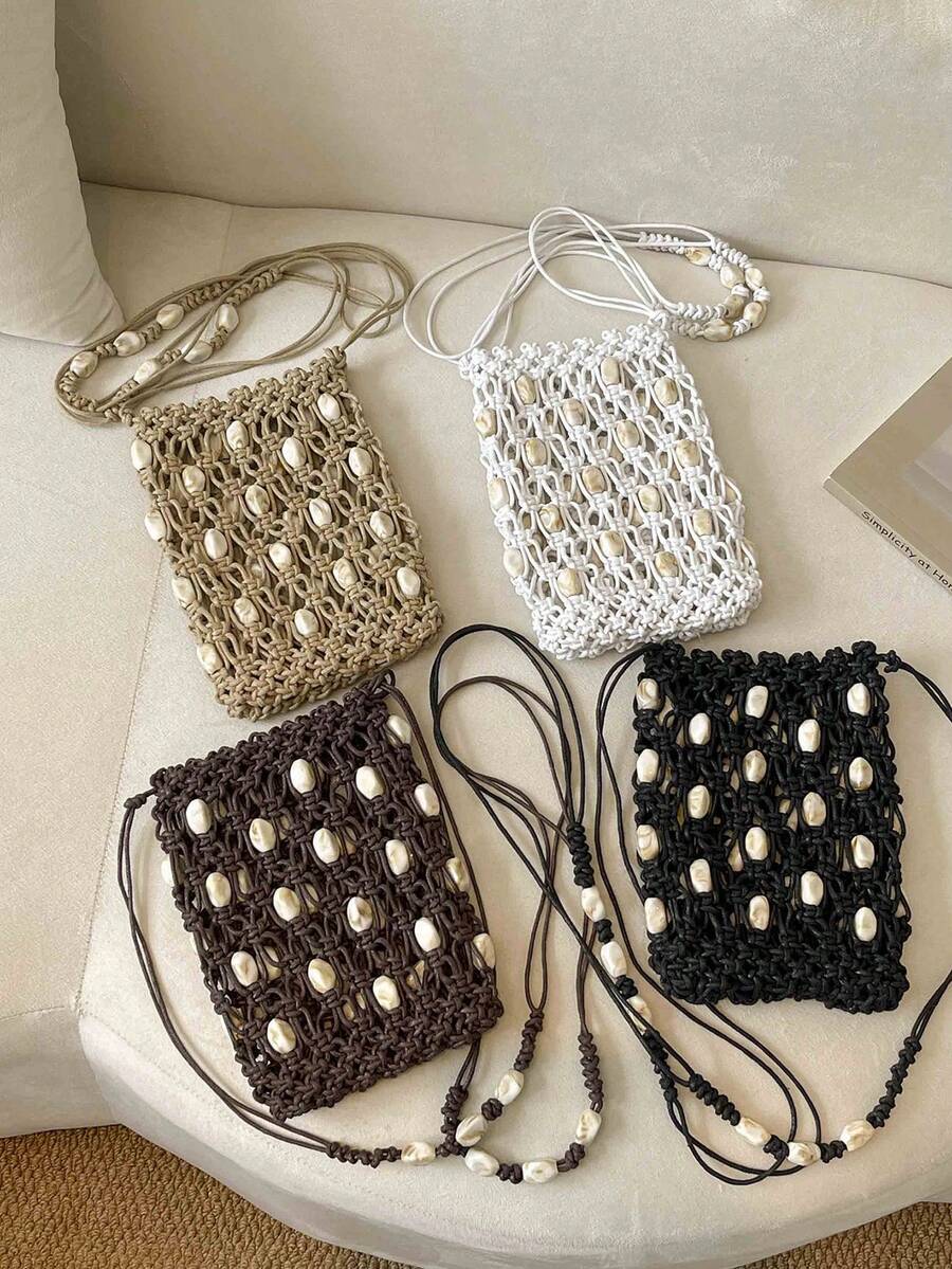 Bolso de teléfono estilo bohemio con cuentas y conchas marinas tejidas huecas, bolso bandolera de playa para primavera/verano