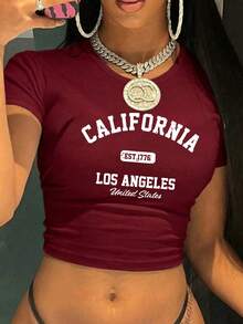 Women's Casual California/Los Angeles/Established 1776/USA Vintage Distressed White Handwritten Text Graphic Round Neck Short Sleeve T-Shirt, Spring/Summer/Autumn Casual, Back To School, Summer Vacation, Spring Outfit, Club Wear - Burgundy - View 3