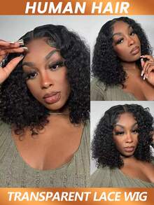 免胶预剪4x4蕾丝前假发，女士真人发水波纹波波头假发，真人发初学者卷发前假发，透明闭合式假发，200%密度 - Natural Black - 查看 2