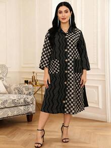 优雅黑色长袍，饰以金色珠绣图案，不对称拼接设计，纽扣领，长袖，带口袋，时尚奢华，适合2026年女性穿着，黑色长袍，适合宰牲节、斋月、节日及日常穿着。 - 黑色 - 查看 4