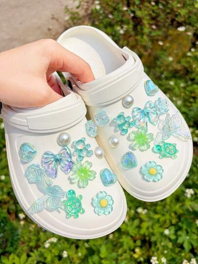 24pcs Fresh Green Shoe Accessories (Bowknot, Butterfly, Turtle, Rose, Bear, Heart) Cute Style Suitable For Spring/Summer Shoes, Slippers, Sandals, Beach Shoes, Garden Shoes DIY Decor, Great Birthday Party Gift