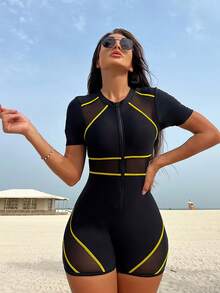 HaiiMeid Contrast Color Stitched Mesh Patchwork Short Sleeve Rash Guard Vacation Beach Summer - Yellow - View 4