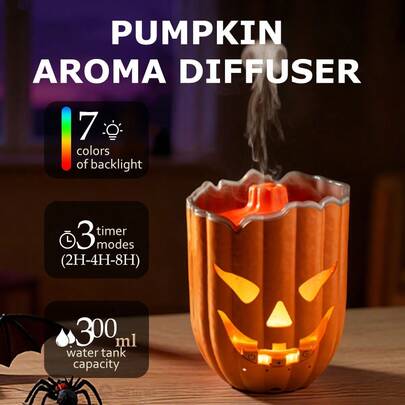 1 pièce Diffuseur d'arôme de citrouille dernier cri, avec éclairage ambiant 7 couleurs, 3 réglages de minuterie, 2 modes de brumisation, fonctionnement silencieux, brume fine, peut être utilisé comme humidificateur ou décoration intérieure pour les fêtes, convient pour la chambre/le salon/le bureau (huile essentielle non incluse)