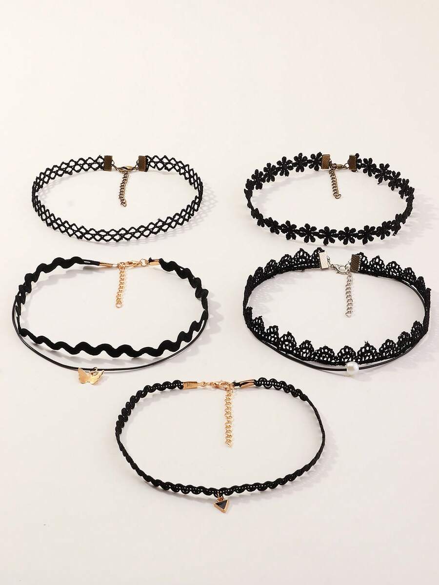 5pcs/Set Girls' Butterfly & Pearl Necklace Jewelry Set - Black - View 1