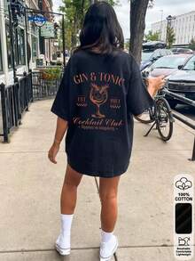 Cute Sexy Women's Cocktail Club Print T-Shirt, Drop Shoulder Short Sleeve Round Neck, Long Length Washed Black Casual Top, Outdoor Y2K Street Style - Black - View 3