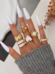 极简主义欧美风格不规则戒指套装，花朵、心形、太阳形开口戒指 - 彩色 - 查看 7