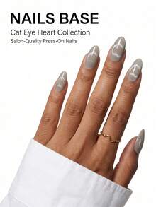 24片/套银色猫眼横心设计中号法式按压美甲贴片，杏仁形按压美甲贴片，ABS材质假指甲按压式，女士时尚美甲，搭配1片果冻胶和1把指甲锉，适合派对和旅行 - 彩色 - 查看 3