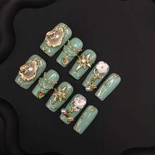 100% Handmade Nails, Square Vintage Style, Luxurious Metal Decoration, Pearl White Flower Pendant, Wearable Nails And Wearing Tools - Nhiều màu - Xem 3