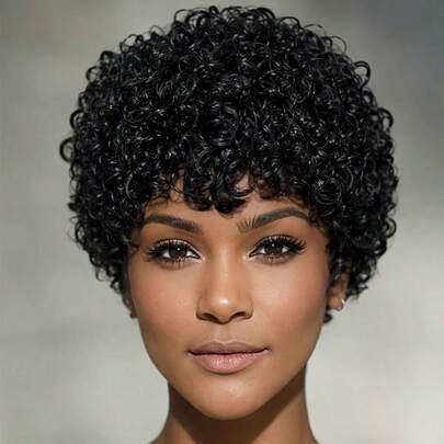Peluca corta de cabello humano brasileño con rizos rizados tipo pixie para mujeres - Negro natural, sin pegamento, densidad del 150% con forma esponjosa, adecuada para todas las personas