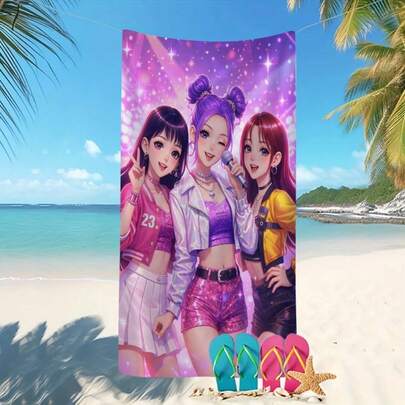 1 pieza Toalla de playa con gráfico de grupo de chicas idol de K-Pop, ligera, suave, de secado rápido, a prueba de arena y sol, adecuada para la playa, natación, viajes, fitness, baño y talla grande escenarios