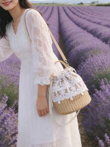 Lace Trim Straw Bucket Bag, Multifunctional Women's Crossbody Bag, Drawstring Design, Vacation Style, Suitable For Work Commute, Dating, Vacation - Multicolor - View 10