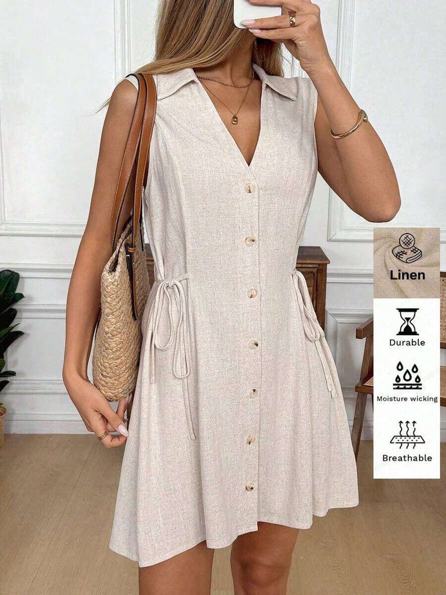 Apricot Sleeveless Waist Cinched Mini Dress, Linen Comfortable Fabric, Suitable For Casual, Commute, Office, Vintage, French Style Vacation Wear, Spring/Summer Vacation/Boho/Sexy Button Up Dress Beige Dress For Women Summer Casual Dress Tie Dress Lady Dress Summer Summer Dress  Spring Dress Beach Dress  Vacation Dresses  Summer Holiday Outfits  Casual Dresses For Women - Albaricoque - Ver 1