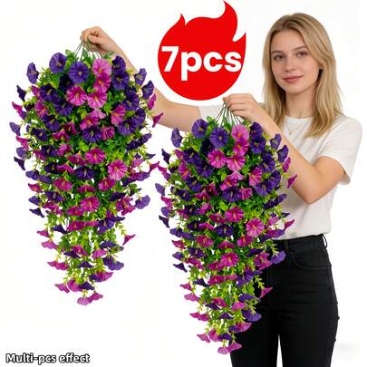 JHSHUDSE 7pcs - Large Outdoor Mixed Color Bindweed Artificial Hanging Decor | Vivid Blooming With Eucalyptus Leaves | Maintenance-Free | Suitable For Home, Garden, Patio, Indoor/Outdoor Decor, Wedding, Party, Housewarming Gift, Gazebo Vertical Decoration Artificial Plants