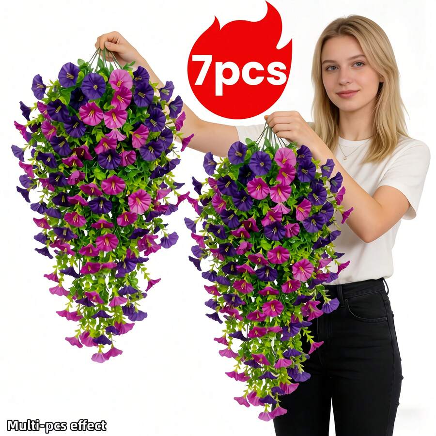 JHSHUDSE 7 piezas - Decoración colgante artificial de campanilla de colores mixtos para exteriores | Florecimiento vívido con hojas de eucalipto | Sin mantenimiento | Adecuado para decoración del hogar, jardín, patio, interior/exterior, boda, fiesta, regalo de inauguración de casa, decoración vertical de gazebo Plantas artificiales - 7 artículos morados - Ver 1