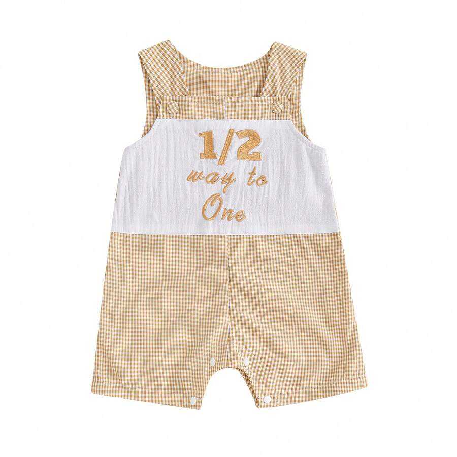 Infant Baby Boy Half Birthday Outfit 1/2 Way To One Sleeveless Romper Jumpsuit Half Year Birthday Clothes Half Birthday Baby Boy Clothes 3-12 Months, Half Birthday Cake Smash Outfit Boy, Casual Baby Boy Outfit, Baby Boy Clothes Summer Spring - 棕色 - 查看 1