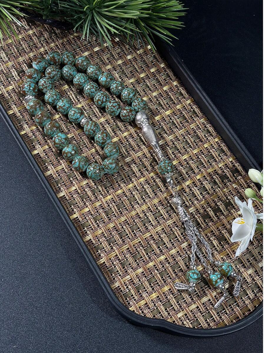 1串穆斯林33珠新款绿色伊斯兰祈祷念珠，经典花卉图案塔斯比赫手链 - 彩色 - 查看 1