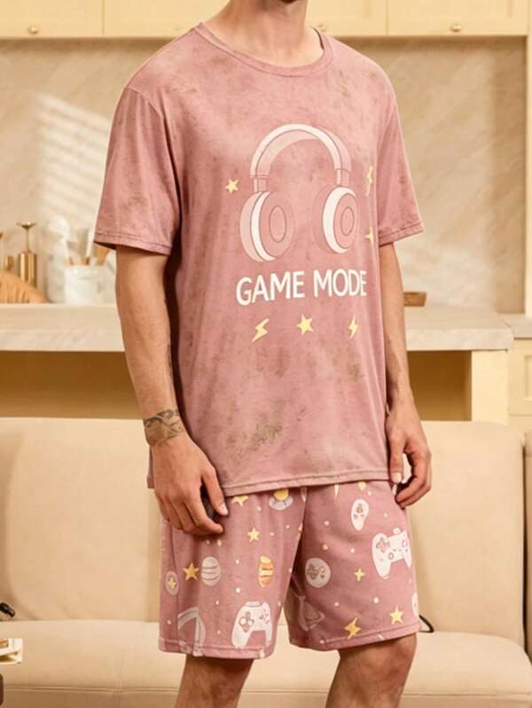 男士夏季薄款圓領遊戲主題印花短袖短褲2件式睡衣套裝，趣味舒適居家休閒服
