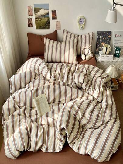 Bộ ga trải giường 3 món kẻ sọc hai lớp màu tương phản (1 ga trải giường + 2 vỏ gối, không bao gồm chăn bông và gối), phong cách cổ điển, bộ ga trải giường kẻ sọc, bộ đồ giường xếp ly đơn giản
