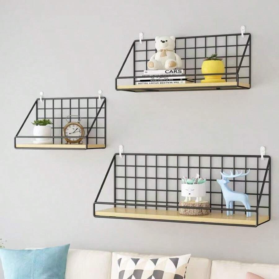 Kệ sách treo tường bằng sắt tối giản, chắc chắn, không cần khoan, giá để đồ cạnh giường ngủ, kệ lưu trữ treo tường cho văn phòng. - màu đen - Xem 1