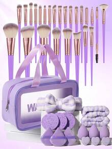 Bộ dụng cụ trang điểm 41 món bao gồm: 1 túi đựng mỹ phẩm và đồ dùng cá nhân đa năng có khóa kéo chống thấm nước + 25 bộ cọ trang điểm + 3 bông mút trang điểm + 3 bông phấn tam giác + 3 bông phấn mini dạng cushion + 3 miếng bọt biển rửa mặt + 1 băng đô cài tóc + 2 dây đeo chậu rửa tay - Màu tím - Xem 12