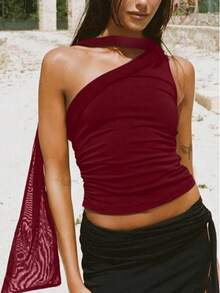 Women's Burgundy Fitted Crop Camisole Fashion Street Style Party Vacation Spring Summer 2026 - 酒紅色 - 查看 10