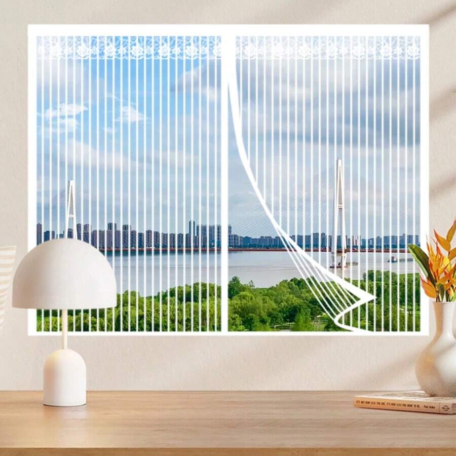 Summer Magnetic Self-Closing Mosquito Net Curtain, White Striped, Breathable, Invisible Magnetic Adsorption, No Drilling Installation, Anti-Mosquito Mesh Screen