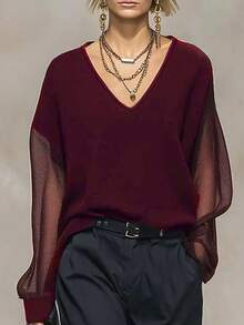 优雅宽松V领针织上衣，透视网纱长袖休闲衬衫，透气舒适V领透明长袖黑色针织衫 - 紅色 - 查看 1