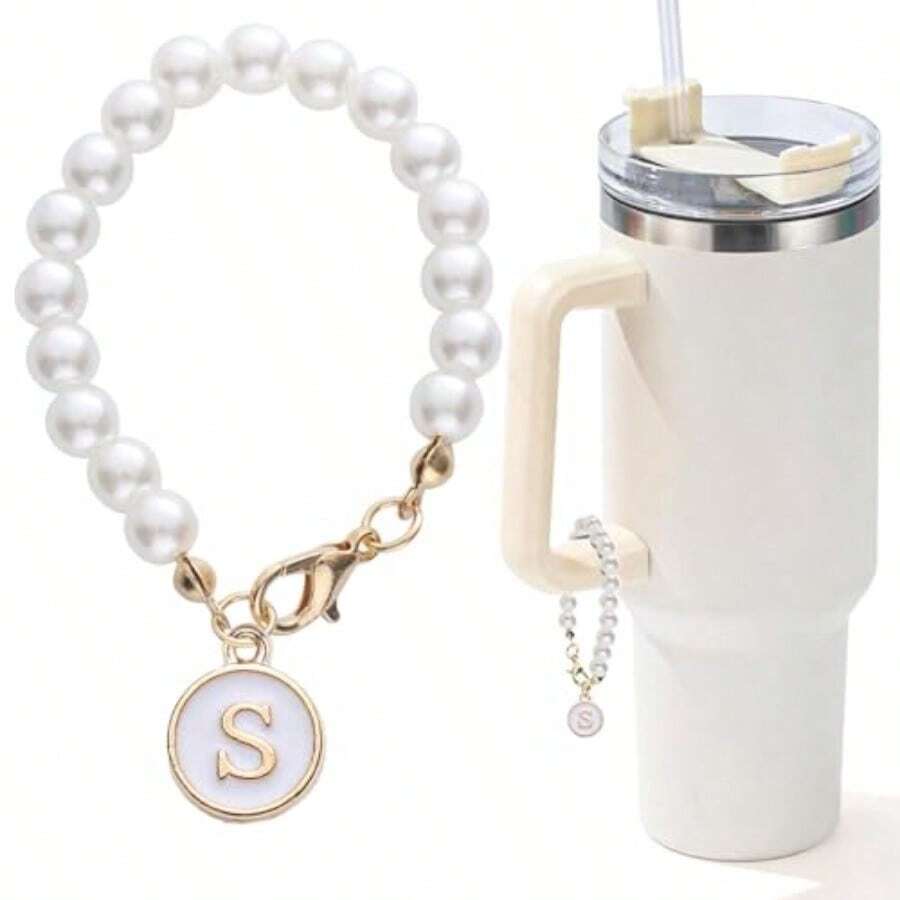 Letter Charm For Tanley Cup Pearl Chain Acceorie Tanley Cup Initial Charm For Handle Tuff Decor Water Bottle Jewelry Tumbler C Imple Modern Perond Name ID Decoran - 萊特懷特 - 查看 1