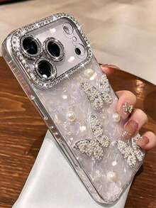 Ốp lưng điện thoại đính đá lấp lánh sang trọng, hình bướm ngọc trai 3D dễ thương, tương thích với iPhone 17 Pro Max, 17 Pro, 17 Air, 17, 16, 15, 14, 13, 12 Pro Max, 11, chống sốc. - trắng - Xem 2