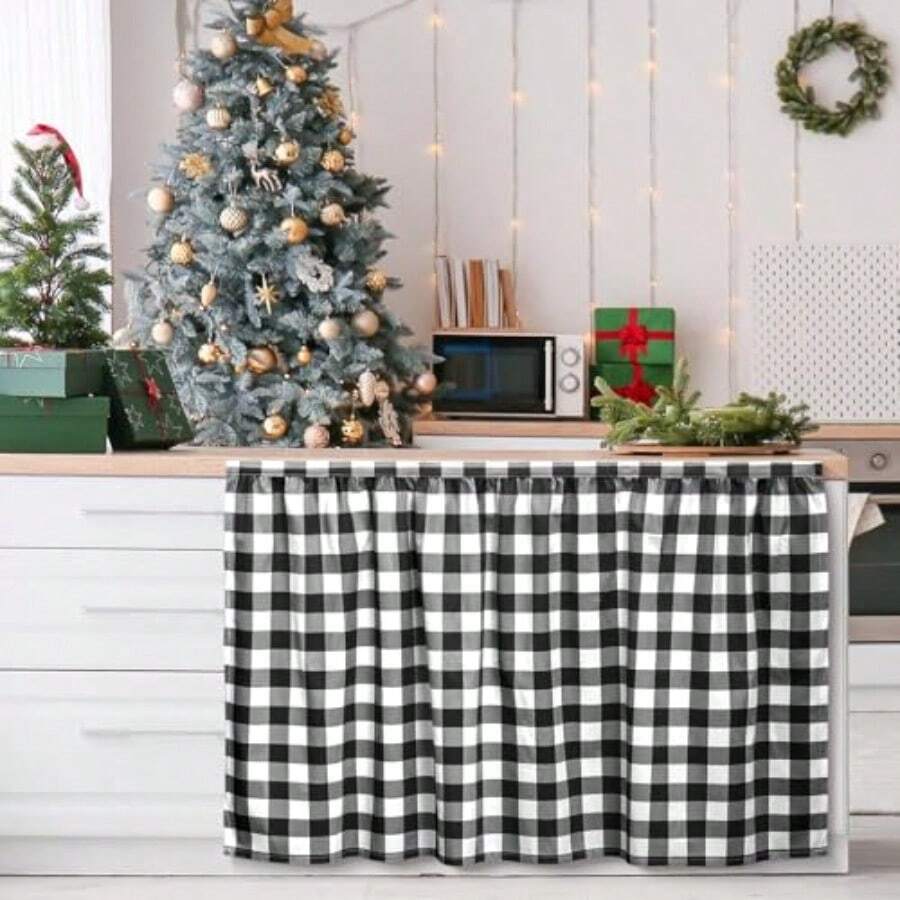 Cabinet Curtains 51 X 28 Inch Black And White Sink Skirt For Bathroom Kitchen Home Diamond Stitch Self Stick Adhesive Waterproof Fabric Farmhouse Rustic Drape Under Desk Privacy Drape Laundry Room - Đen Trắng - Xem 1