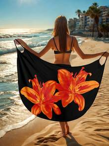 Gaun Penutup Pantai Motif Bunga untuk Wanita, Gaun Lilit Kasual untuk Liburan Musim Panas - Jeruk - View 4