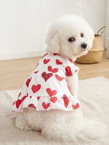PETSIN 1pc Valentine's Day Pet Dog Dress, Sweet & Romantic Red Heart Print With Fluttering Sleeves Opening Design - Multicolor - View 1