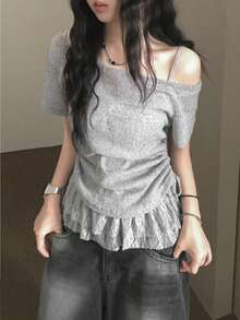 Bộ đồ nữ mùa xuân/hè mới về gồm áo dệt kim phối nơ, xếp ly ren hở vai và áo hai dây tối giản. - Xám - Xem 9