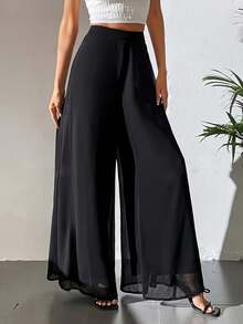 Women's Plus Size High Waist Wide Leg Palazzo Pants, Flowy Oversized Long Trousers, Spring Summer Casual Pants For Vacation, Beach Trips - Black - View 2