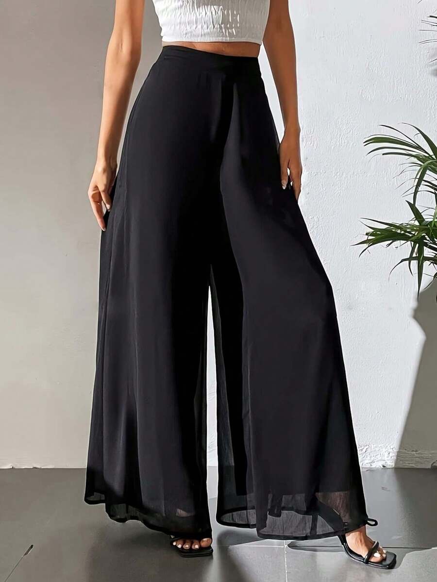 Women's Plus Size High Waist Wide Leg Palazzo Pants, Flowy Oversized Long Trousers, Spring Summer Casual Pants For Vacation, Beach Trips
