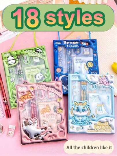 Bộ văn phòng phẩm hoạt hình, bao gồm bút chì, tẩy và thước kẻ, thích hợp cho học sinh, quà tặng ngày thiếu nhi, quà tốt nghiệp (dành cho cả nam và nữ), đồ dùng học tập, dụng cụ vẽ, bút dạ, văn phòng phẩm, đồ dùng học tập cho năm học mới, v.v.