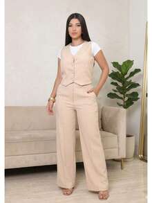 Women's Tailored Set: Vest And Wide-Leg Pants. Elegant, Casual, Chic, Modern, Conservative/Modest. Party/Fabric. Buttons Down The Front. Gathered Waist. Women's Formal Set. Office/Baby Shower/Formal And Evening. Holidays/Home/Summer, Spring And Autumn. - 米色 - 查看 2