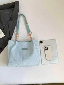1pc Cloud Decor Star Pattern Polyester Large Capacity Zipper Shoulder Bag, Fashionable Daily Use For Women - Blue - View 4