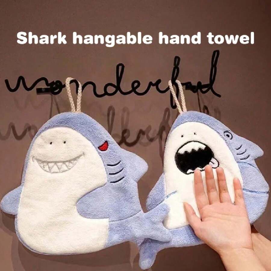 Cute Cartoon Shark Hand Towel Quick Drying Kitchen Towel Cleaning Rag Coral Velvet Absorbent Hanging Towel Bathroom Accessories - B - 查看 1