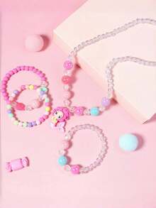 4pcs Colorful Beaded Necklace With Mermaid Pendant, Bracelet Set, Suitable As Birthday Or Holiday Gift - one-size - View 5