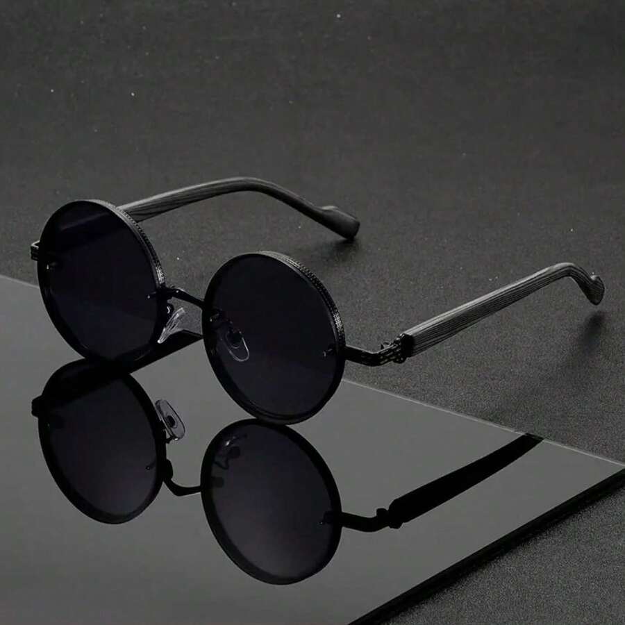 1副男士金属圆形仿木纹镜腿时尚眼镜 - 黑色 - 查看 1